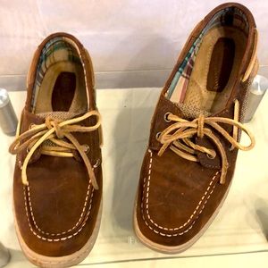 White Mountain Brown Leather/Beige Canvas Boat Shoes